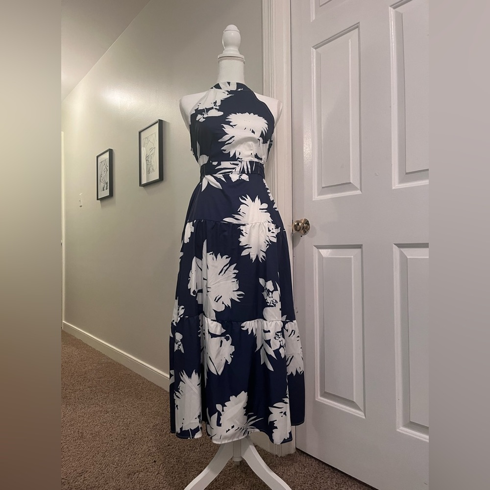 Navy & White Open Back Dress | Medium